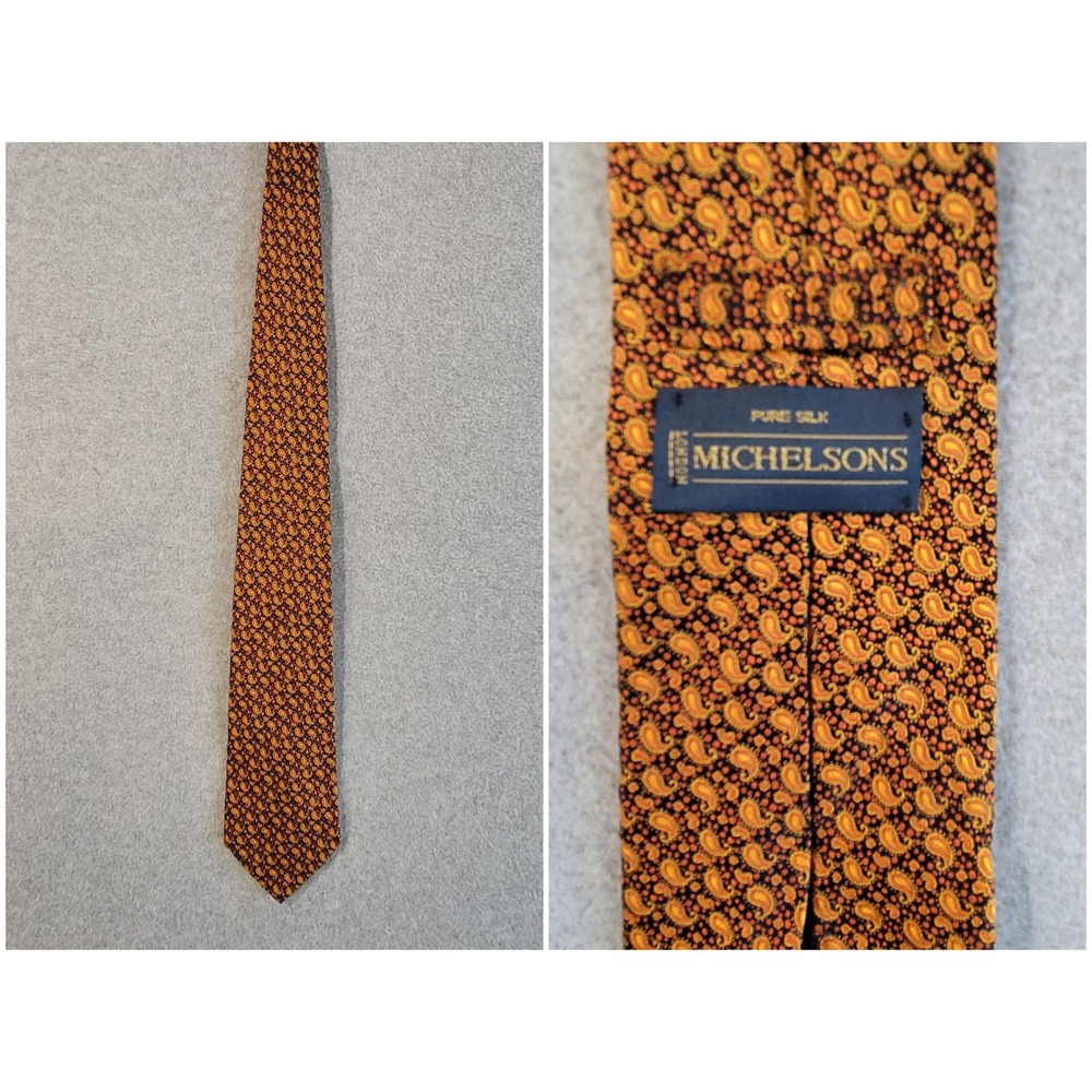 Michelsons London Mens Silk Paisley Tie Orange Yellow Made in England Formal